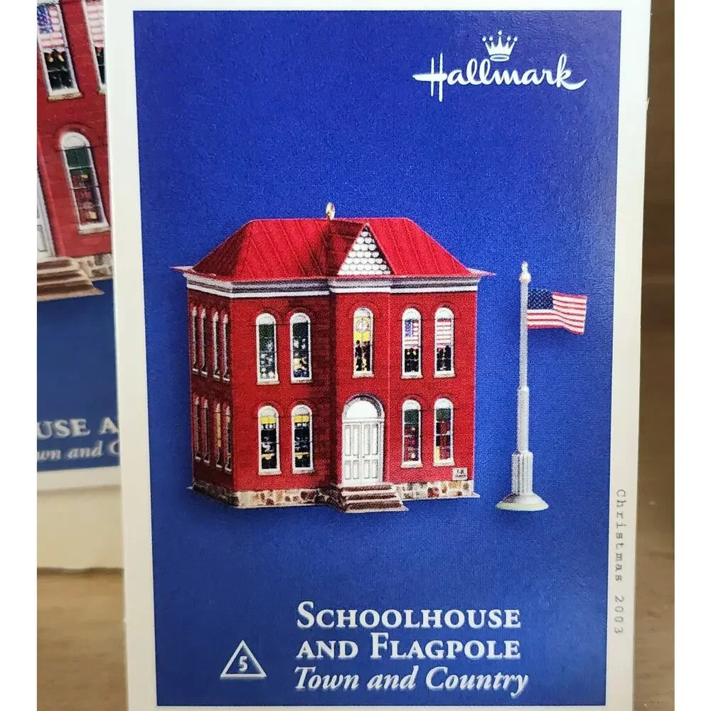2003 Hallmark Schoolhouse and Flagpole Tin House Keepsake Ornament In Box